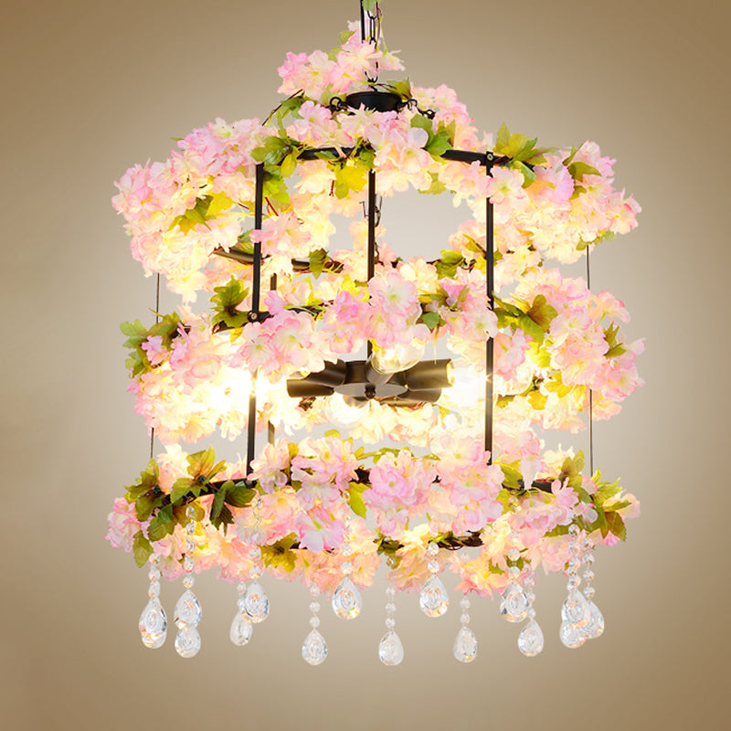 Iron Chandelier with Antique Black Finish, Cylindrical Cage Design, Crystal Drops, and 6 Bulbs - 27.5"/39" H