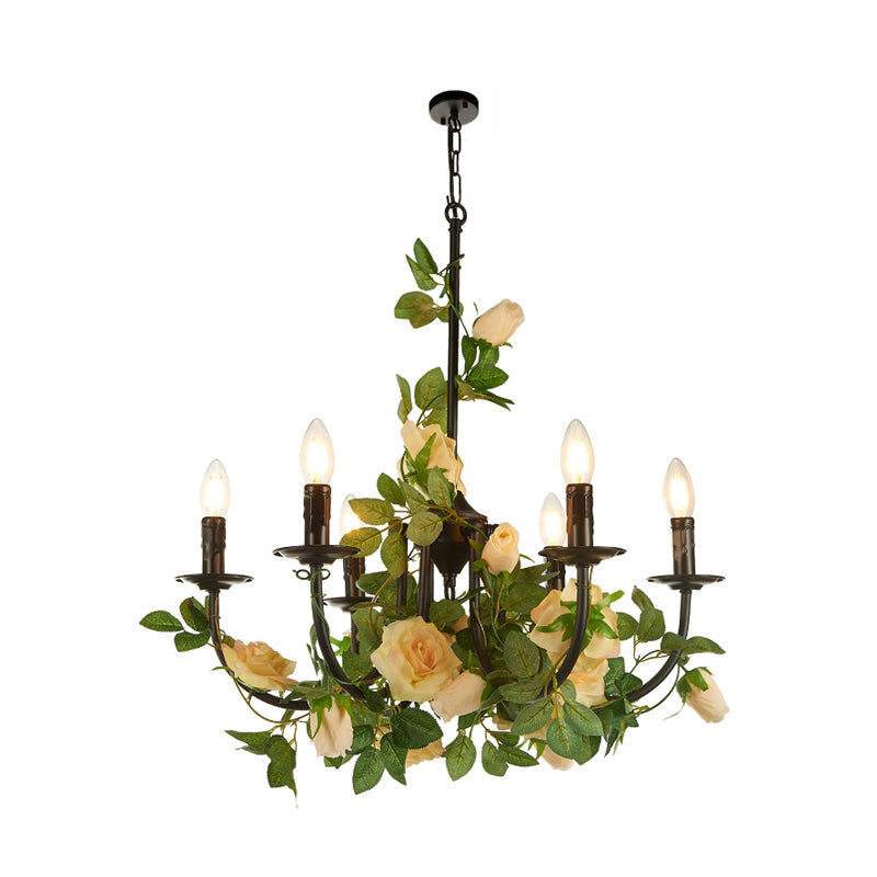 Black Iron Candlestick Chandelier Lamp - 6 Heads Pendant Light Fixture With Rose Decor Factory