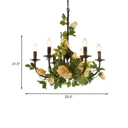 Black Iron Candlestick Chandelier Lamp - 6 Heads Pendant Light Fixture With Rose Decor Factory