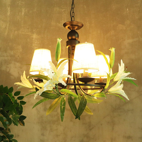 Farmhouse Black Hanging Chandelier with Lily Decoration and 4 Conical Bulbs