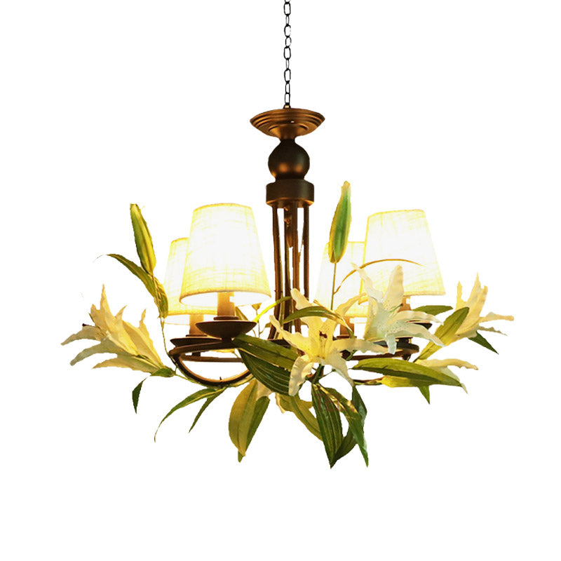 Farmhouse Black Hanging Chandelier with Lily Decoration and 4 Conical Bulbs