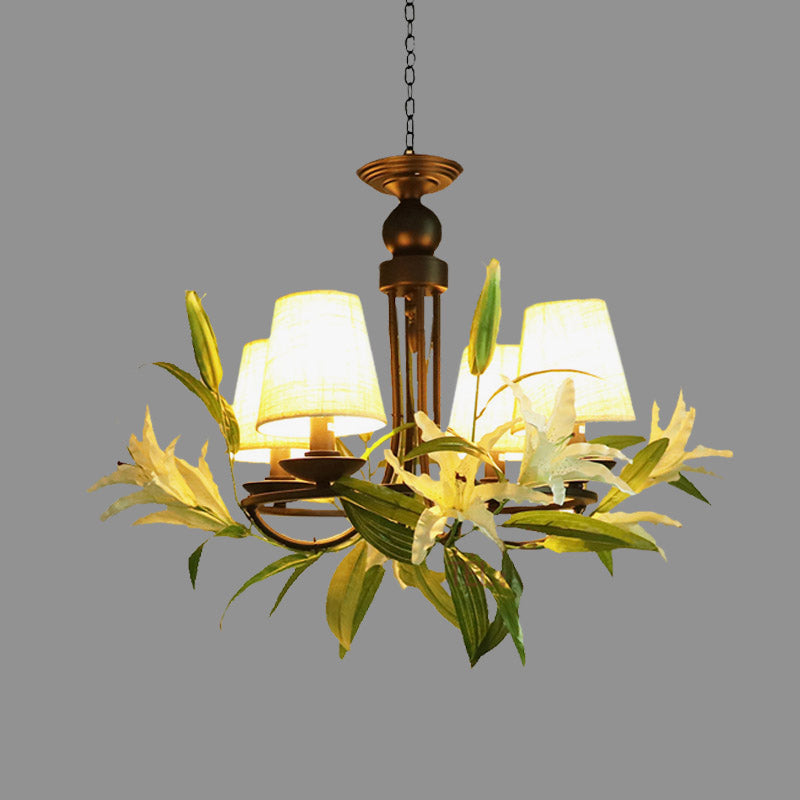 Farmhouse Black Hanging Chandelier with Lily Decoration and 4 Conical Bulbs