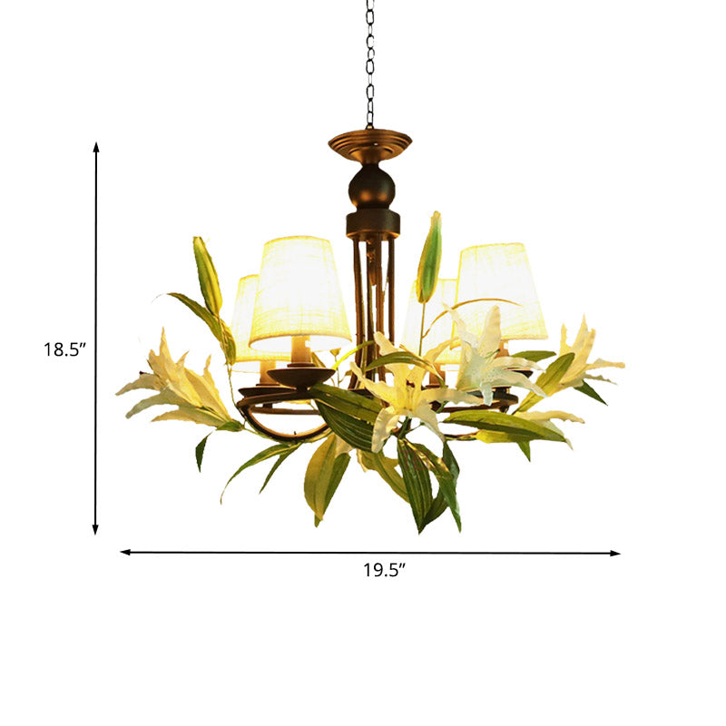 Farmhouse Black Hanging Chandelier with Lily Decoration and 4 Conical Bulbs