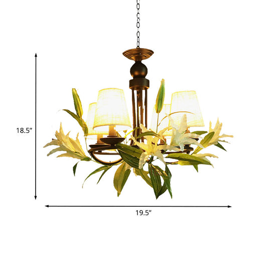 Farmhouse Black Hanging Chandelier with Lily Decoration and 4 Conical Bulbs