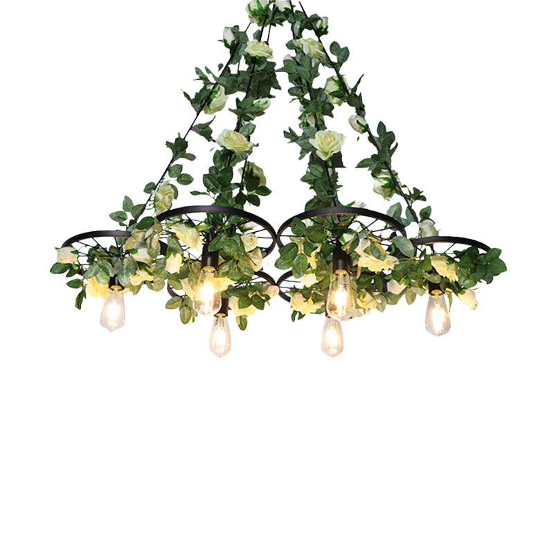 Retro Wheel Iron Chandelier Pendant Light with Plant Decor - Black, 3/6 Heads