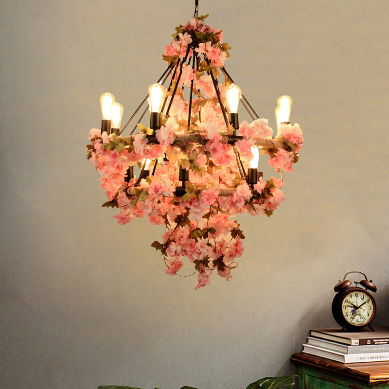 Black Warehouse Chandelier - 14-Bulb Suspension Lamp With Pink Flower And Rope