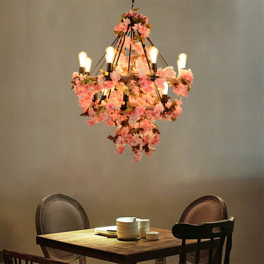 Black Warehouse Chandelier - 14-Bulb Suspension Lamp With Pink Flower And Rope