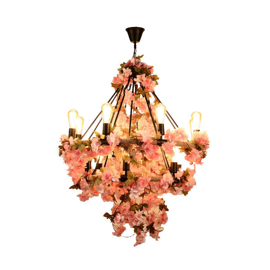 Black Warehouse Chandelier - 14-Bulb Suspension Lamp With Pink Flower And Rope