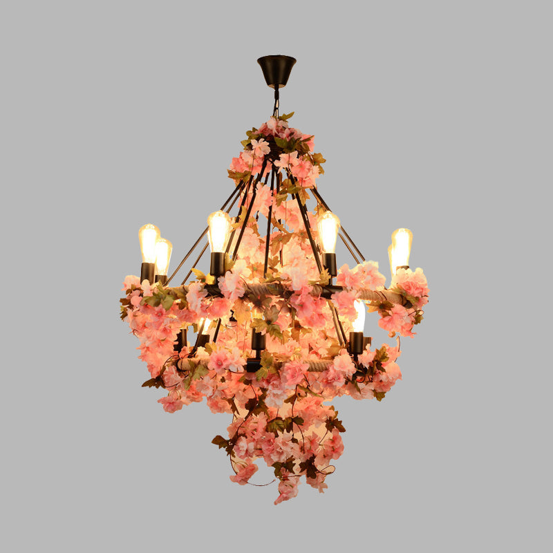 Black Bare Bulb Chandelier with Pink Flower and Rope Suspension - 14-Bulb Light Fixture for Warehouse