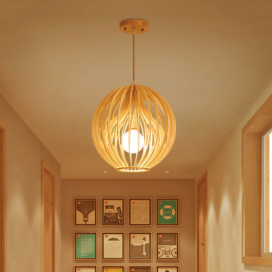 Wooden 2-Layer Cage Pendant Ceiling Light With Interior Fabric Shade - Asia Style