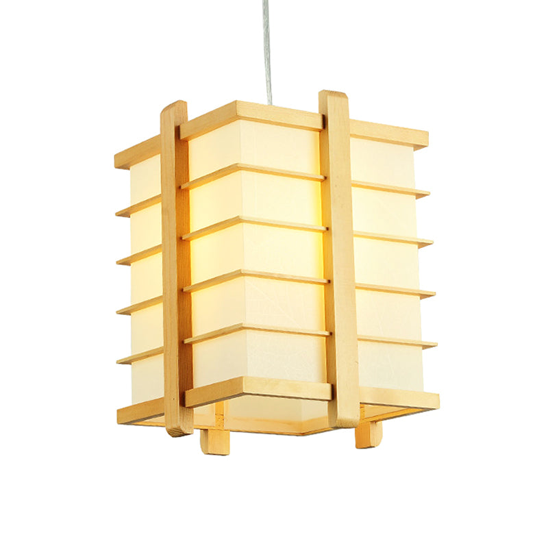 Japanese Beige Wood Wire Cube Pendant Lamp - Single Ceiling Suspension Light