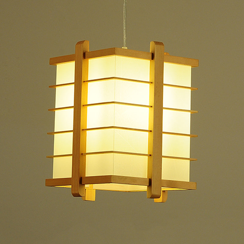 Japanese Beige Wood Wire Cube Pendant Lamp - Single Ceiling Suspension Light