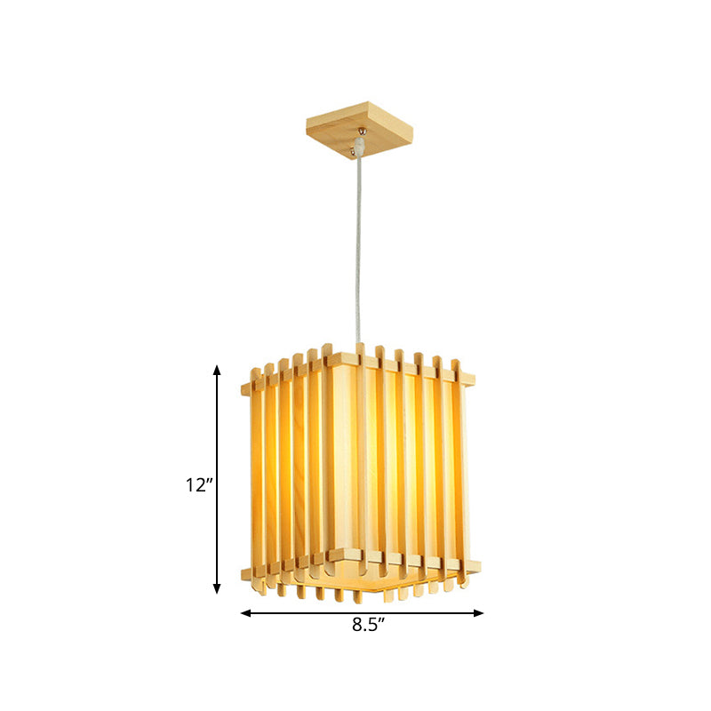 Asian Wooden Beige Rectangular Cage Pendant Lamp With 1 Bulb For Table