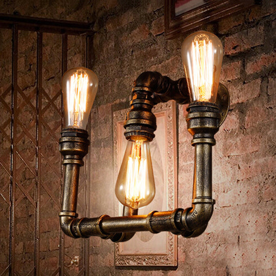 3-Head Industrial Sconce With Wrought Iron Pipe Design In Aged Brass For Hallway