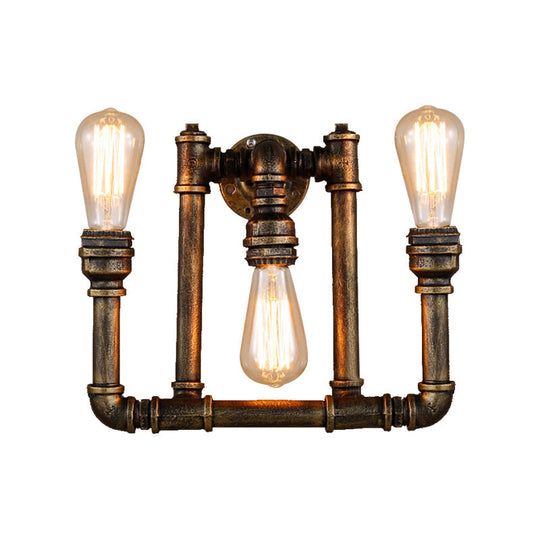 3-Head Industrial Sconce With Wrought Iron Pipe Design In Aged Brass For Hallway