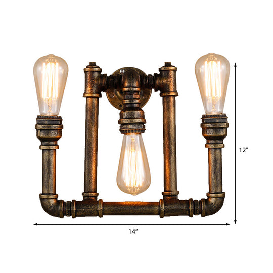 3-Head Industrial Sconce With Wrought Iron Pipe Design In Aged Brass For Hallway