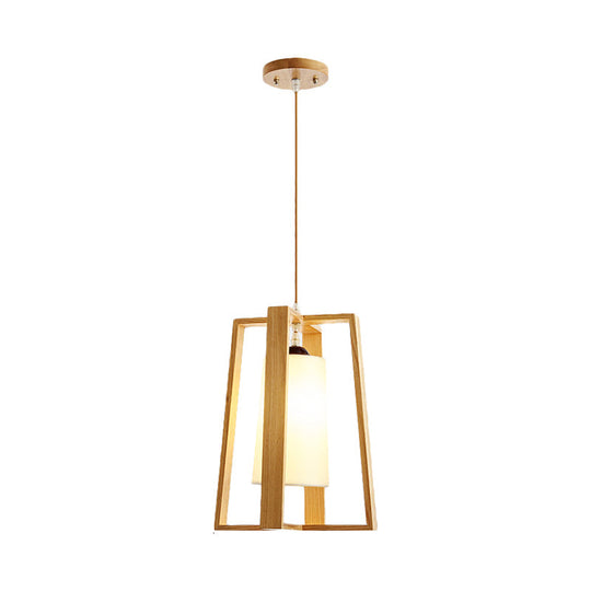 Modern Asian Wooden Pendant Light - 1-Light Cross Frame Design With Tapered Fabric Shade Ideal For