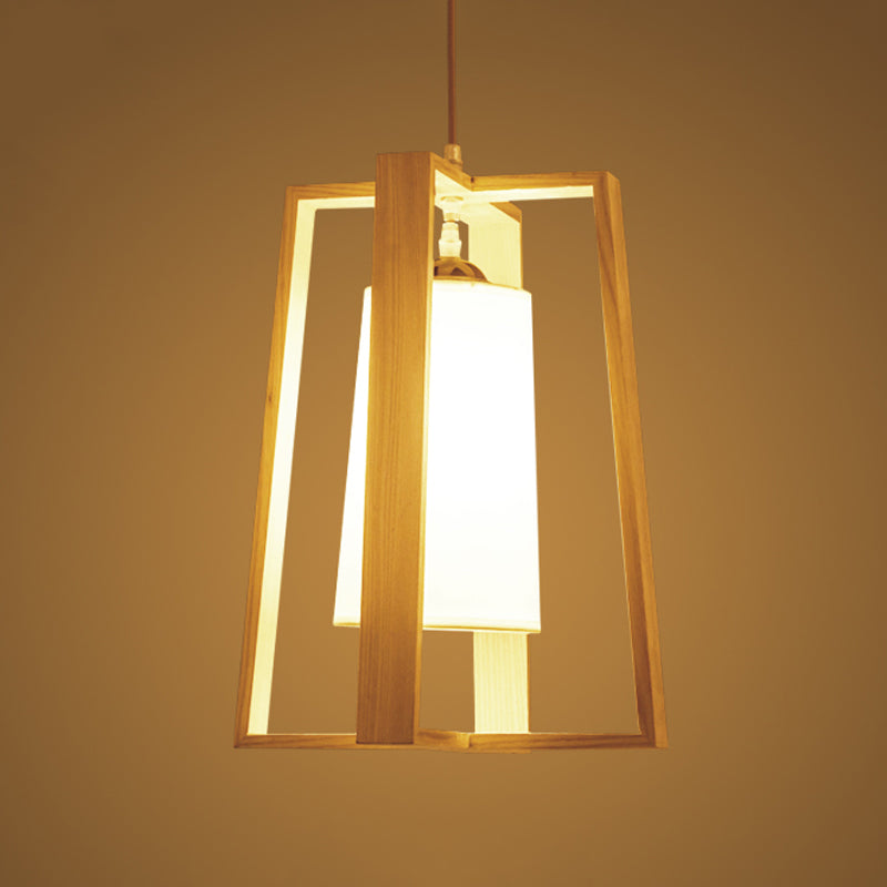 Modern Asian Wooden Pendant Light - 1-Light Cross Frame Design With Tapered Fabric Shade Ideal For