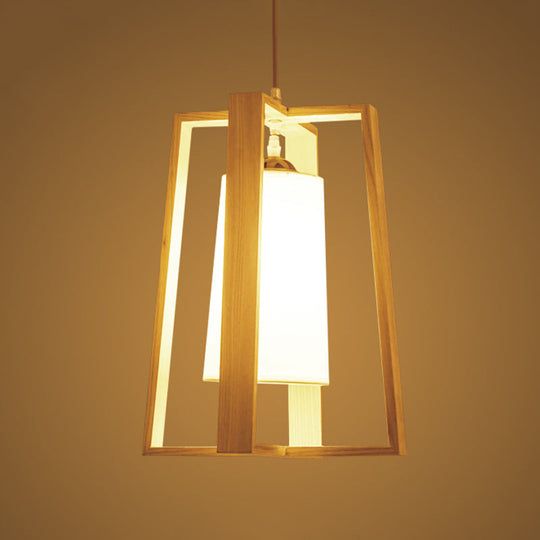 Modern Asian Wooden Pendant Light - 1-Light Cross Frame Design With Tapered Fabric Shade Ideal For