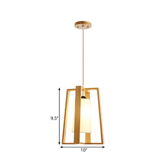 Modern Asian Wooden Pendant Light - 1-Light Cross Frame Design With Tapered Fabric Shade Ideal For