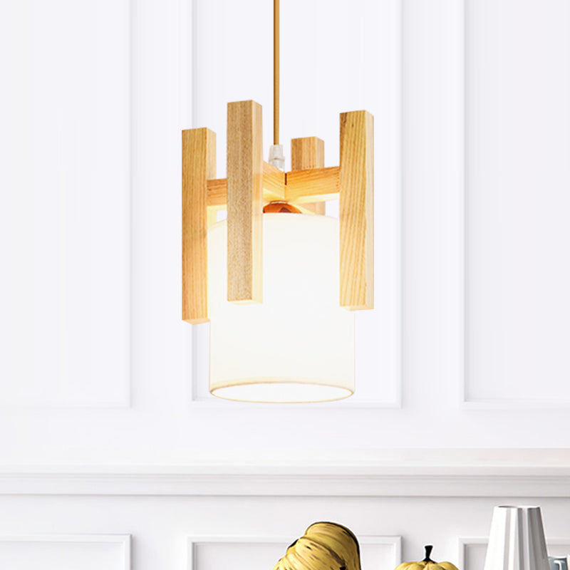 Japanese Style White Fabric Pendant Light With Wooden Cage Top - Small Hanging Suspension