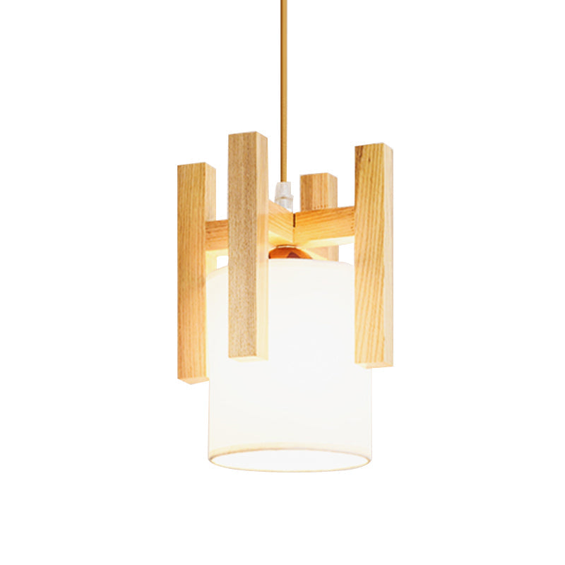 Japanese Style White Fabric Pendant Light With Wooden Cage Top - Small Hanging Suspension