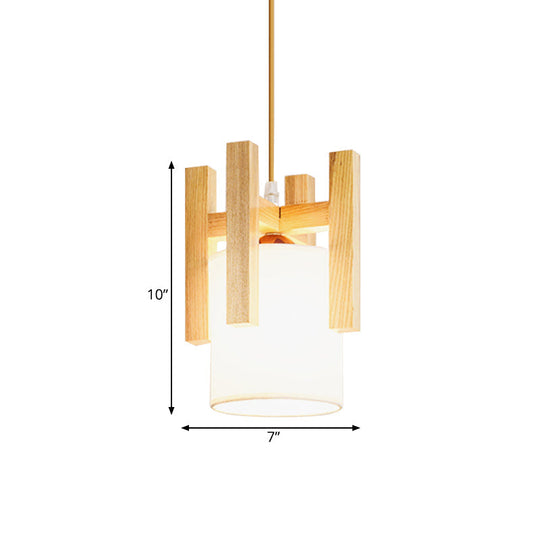 Japanese Style White Fabric Pendant Light With Wooden Cage Top - Small Hanging Suspension