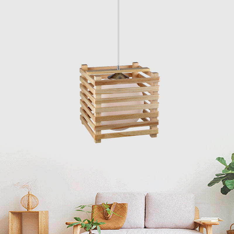 Japanese White Glass Pendant Light With Wood Cubic Cage - Ideal For Dining Room Hanging Lamp Kit