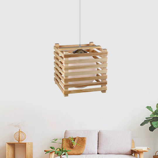 Japanese White Glass Pendant Light With Wood Cubic Cage - Ideal For Dining Room Hanging Lamp Kit