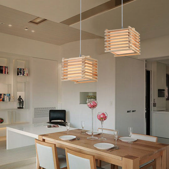 Japanese White Glass Pendant Light With Wood Cubic Cage - Ideal For Dining Room Hanging Lamp Kit