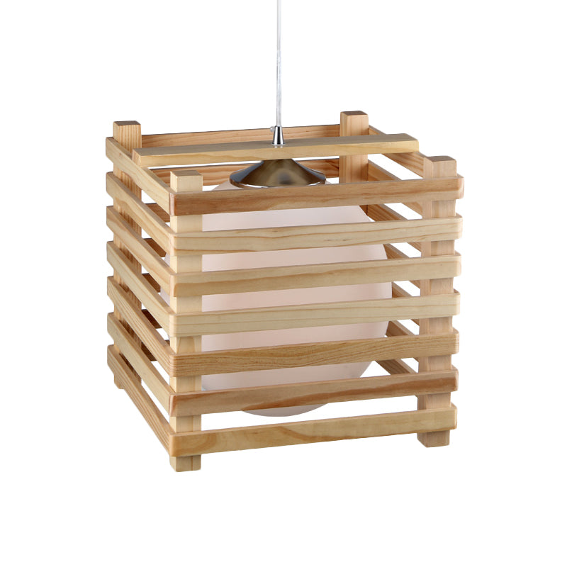 Japanese White Glass Pendant Light With Wood Cubic Cage - Ideal For Dining Room Hanging Lamp Kit