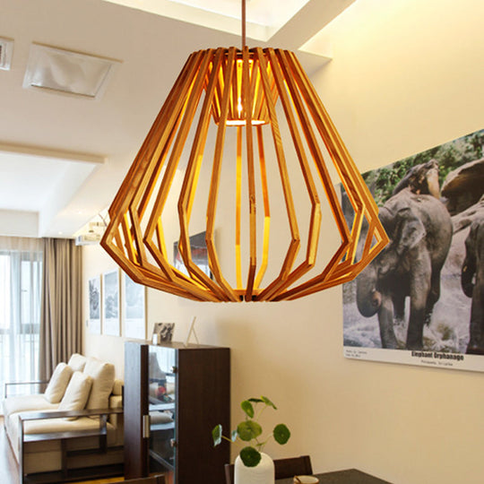 Wooden Diamond Cage Pendant Light - Single Head Fixture In Beige