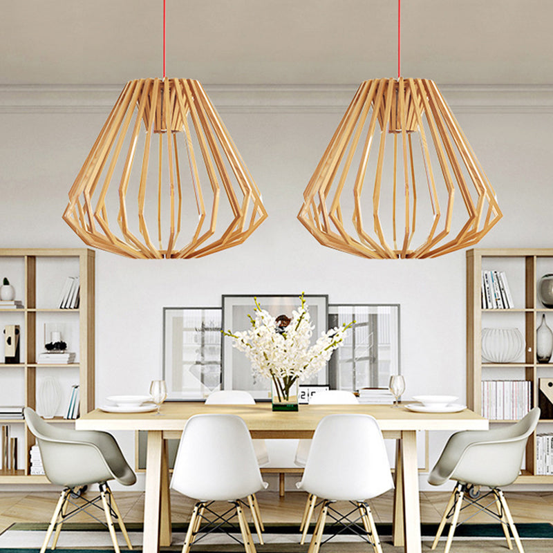 Wooden Diamond Cage Pendant Light - Single Head Fixture In Beige