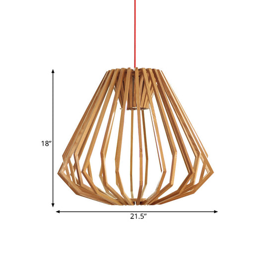 Wooden Diamond Cage Pendant Light - Single Head Fixture In Beige