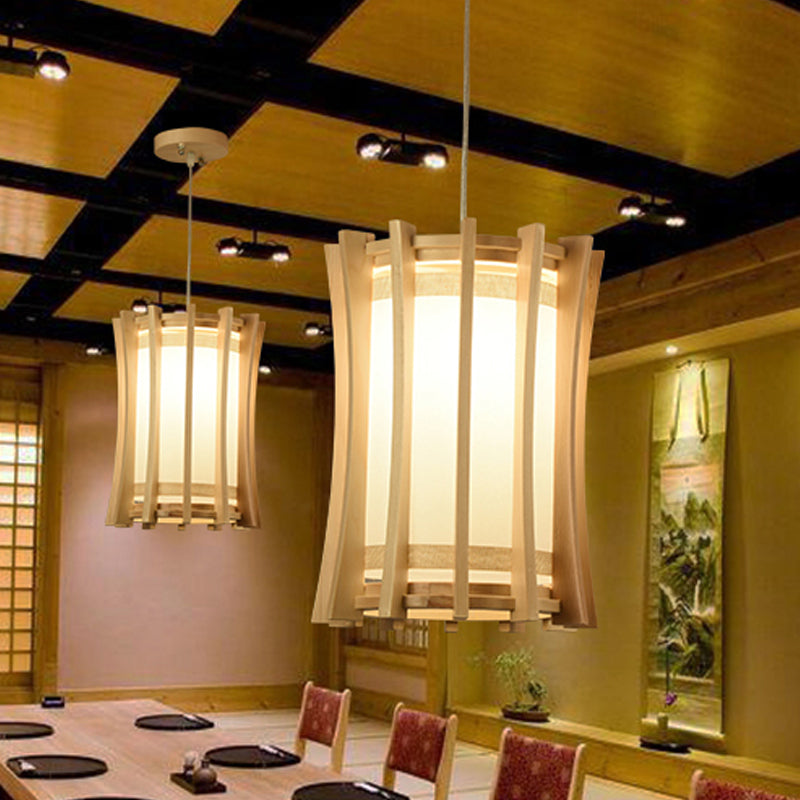 Asia Pvc Pendant Light Fixture: Cylindrical Ceiling Lamp With Wood Cage And Beige Finish