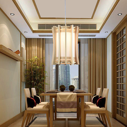 Asia Pvc Pendant Light Fixture: Cylindrical Ceiling Lamp With Wood Cage And Beige Finish