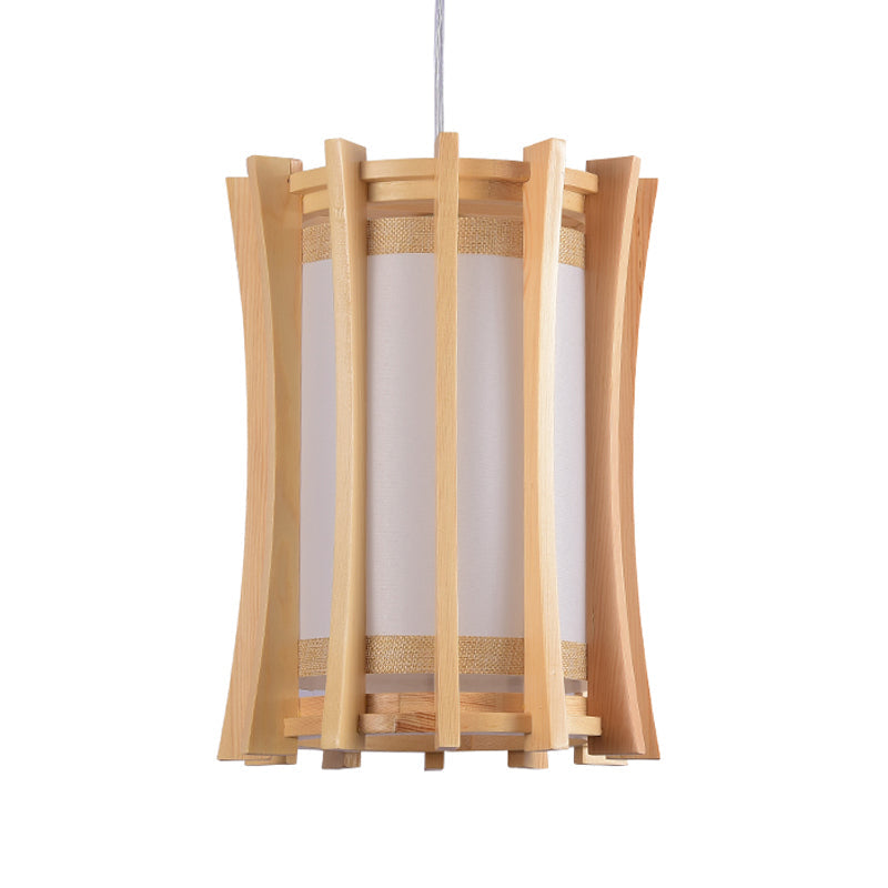 Asia Pvc Pendant Light Fixture: Cylindrical Ceiling Lamp With Wood Cage And Beige Finish