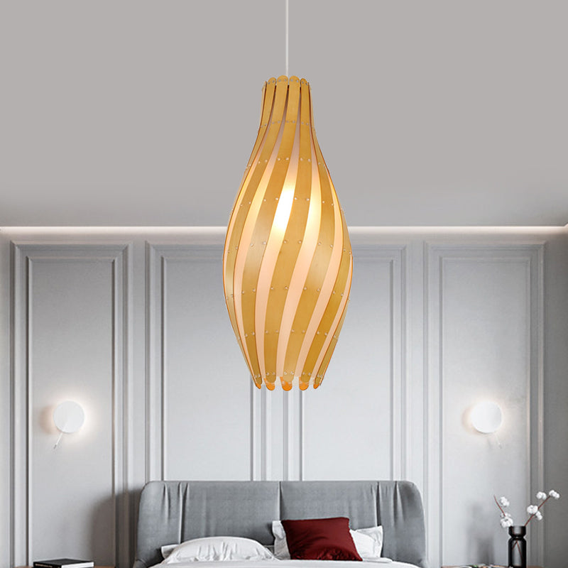 Modern Stylish Beige Twisty Vase Pendant Light With Wood Shade - 1-Light Hanging 6.5/10 Width