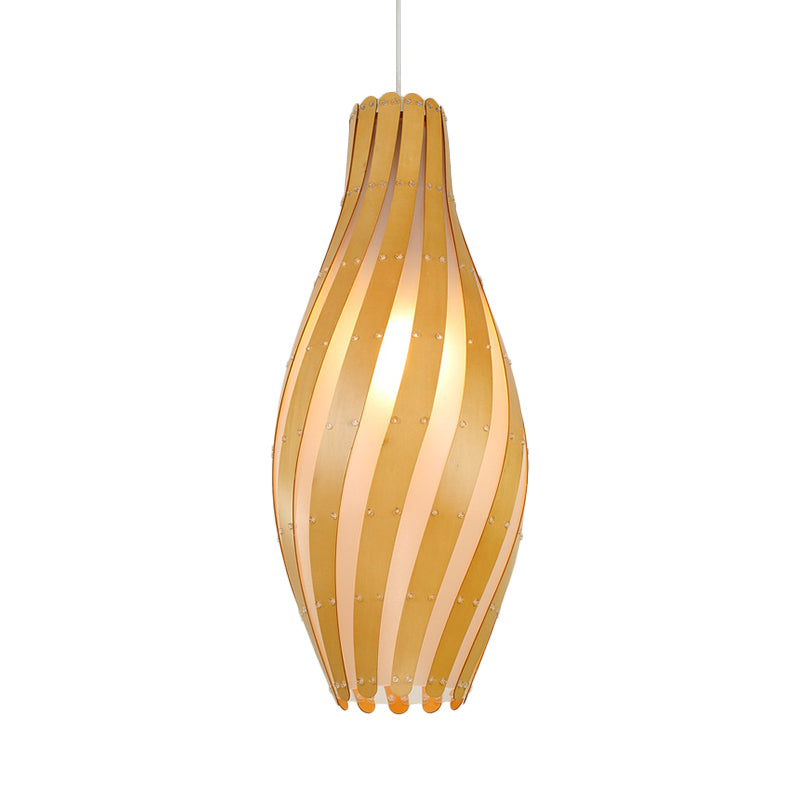 Modern Stylish Beige Twisty Vase Pendant Light With Wood Shade - 1-Light Hanging 6.5/10 Width