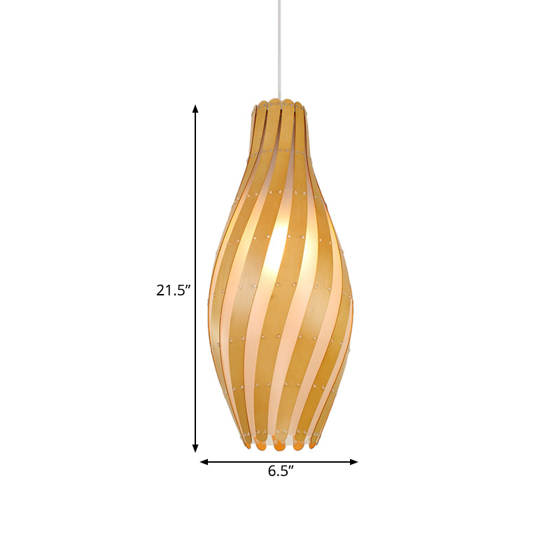 Modern Stylish Beige Twisty Vase Pendant Light With Wood Shade - 1-Light Hanging 6.5/10 Width