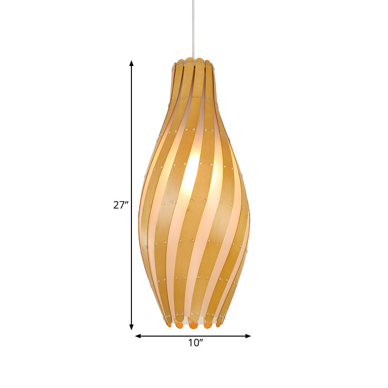 Modern Stylish Beige Twisty Vase Pendant Light With Wood Shade - 1-Light Hanging 6.5/10 Width