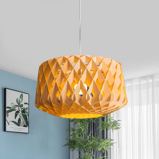 Stylish Asian Beige Wood Drum Drop Pendant Ceiling Light With Crisscross Pattern - 1 Head