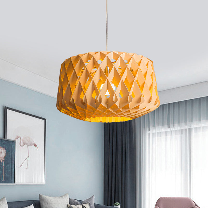 Stylish Asian Beige Wood Drum Drop Pendant Ceiling Light With Crisscross Pattern - 1 Head