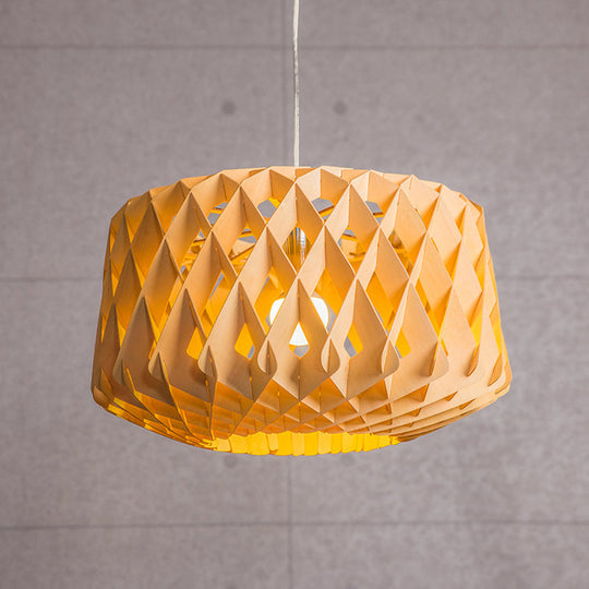 Stylish Asian Beige Wood Drum Drop Pendant Ceiling Light With Crisscross Pattern - 1 Head