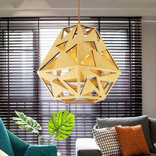 Asia Wood Triangle Cutout Ceiling Lamp in Beige - Hanging Light Fixture with 1 Bulb for Dining Room