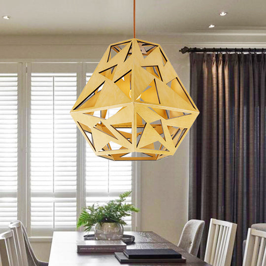 Asia Wood Triangle Cutout Ceiling Lamp in Beige - Hanging Light Fixture with 1 Bulb for Dining Room