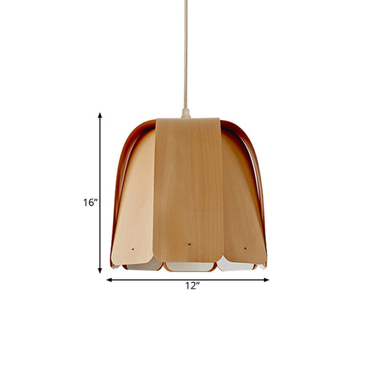 Scalloped Wood Strap Pendant Single Head Ceiling Light In Beige - Asian Style For Bistro