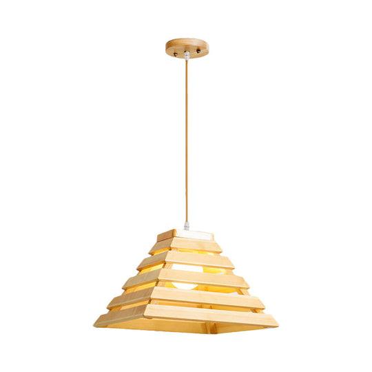 Wooden Pyramid Suspension Light With Cage Design - Asian Style Pendant Lighting For Dining Table