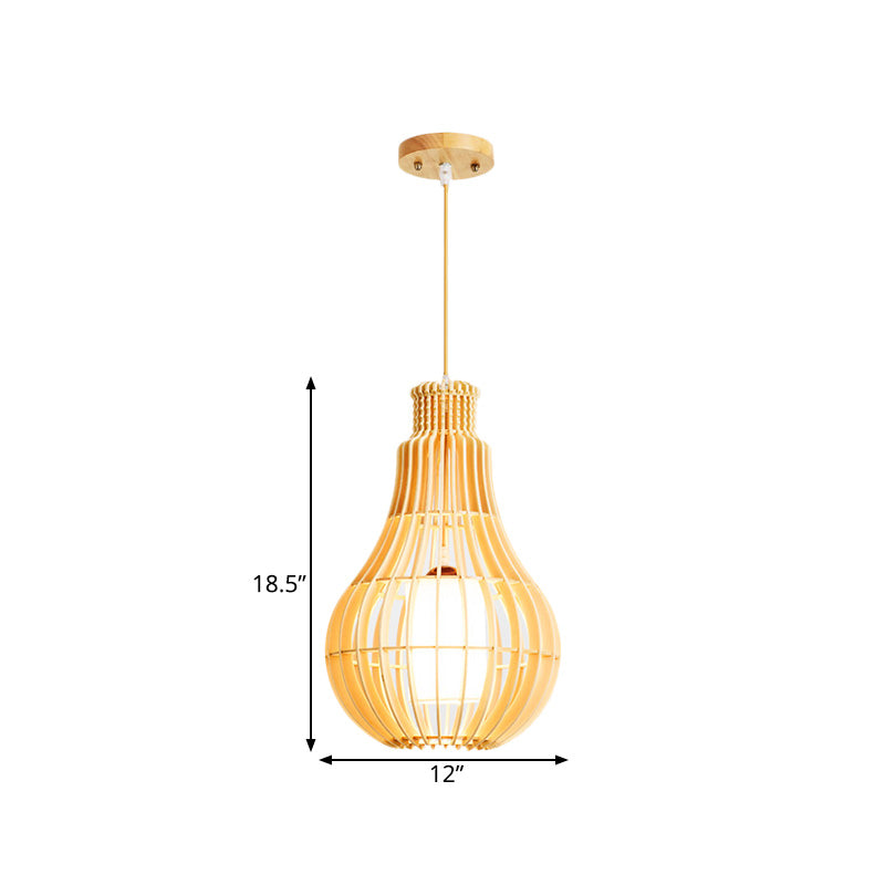 Beige Asian Droplet Ceiling Suspension Lamp: Wooden Pendant With Fabric Shade - 1 Bulb