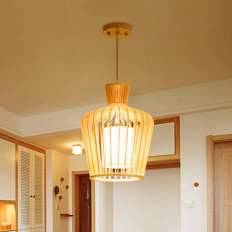 Japanese Beige Ceiling Pendant With Jug Wood Cage - 1-Light Dining Room Pendulum Light